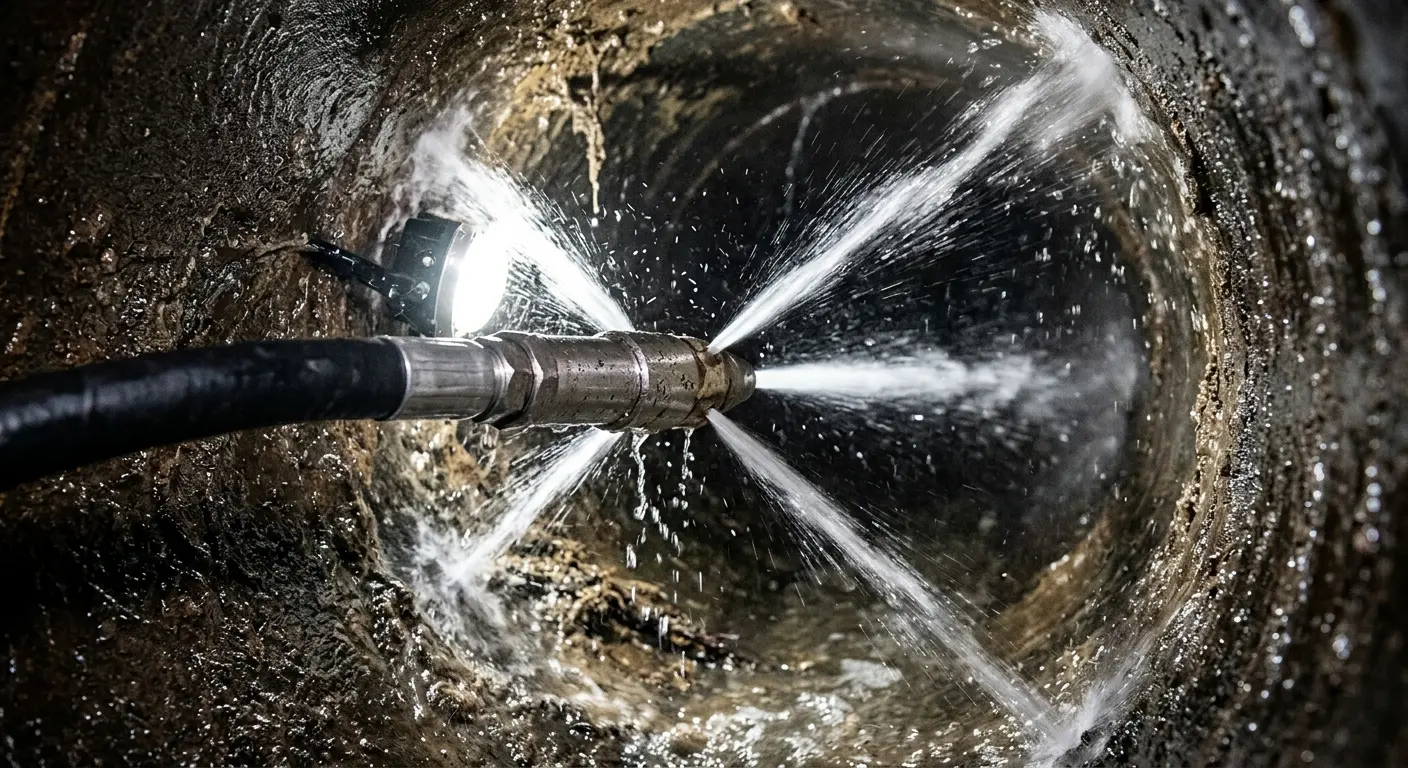 High-pressure hydro jetting nozzle cleaning sewer pipe for Trenchless Sewer Repair in Ken Caryl
