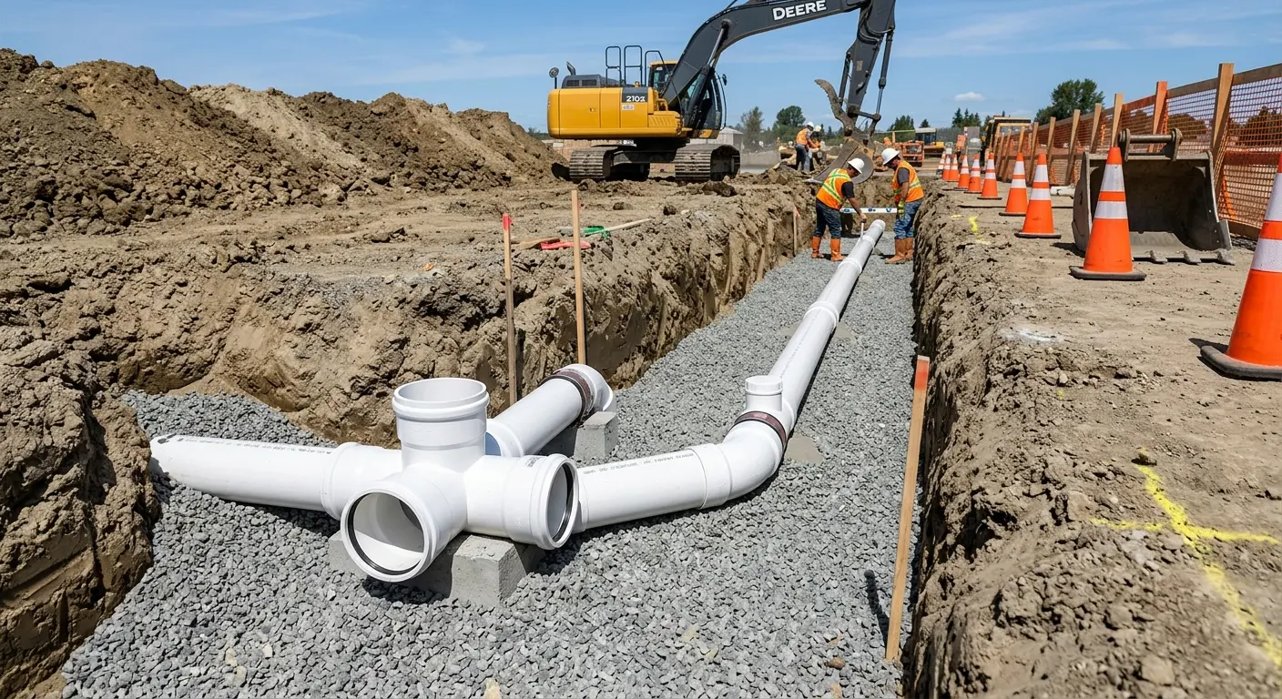 New PVC sewer pipe installation in open trench for Sewer Backup in Ken Caryl