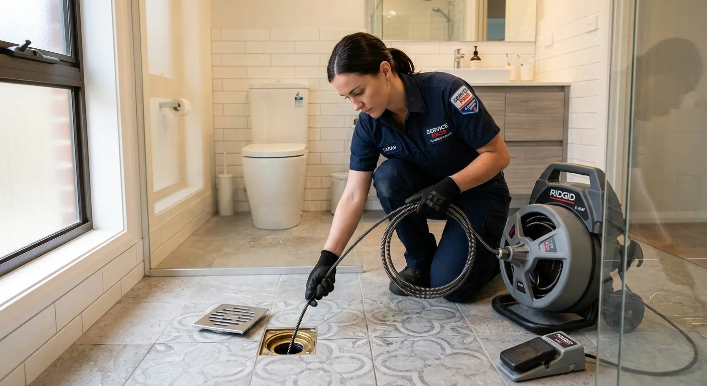 Technician clearing a bathroom floor drain for Sewer Line Replacement in Ken Caryl